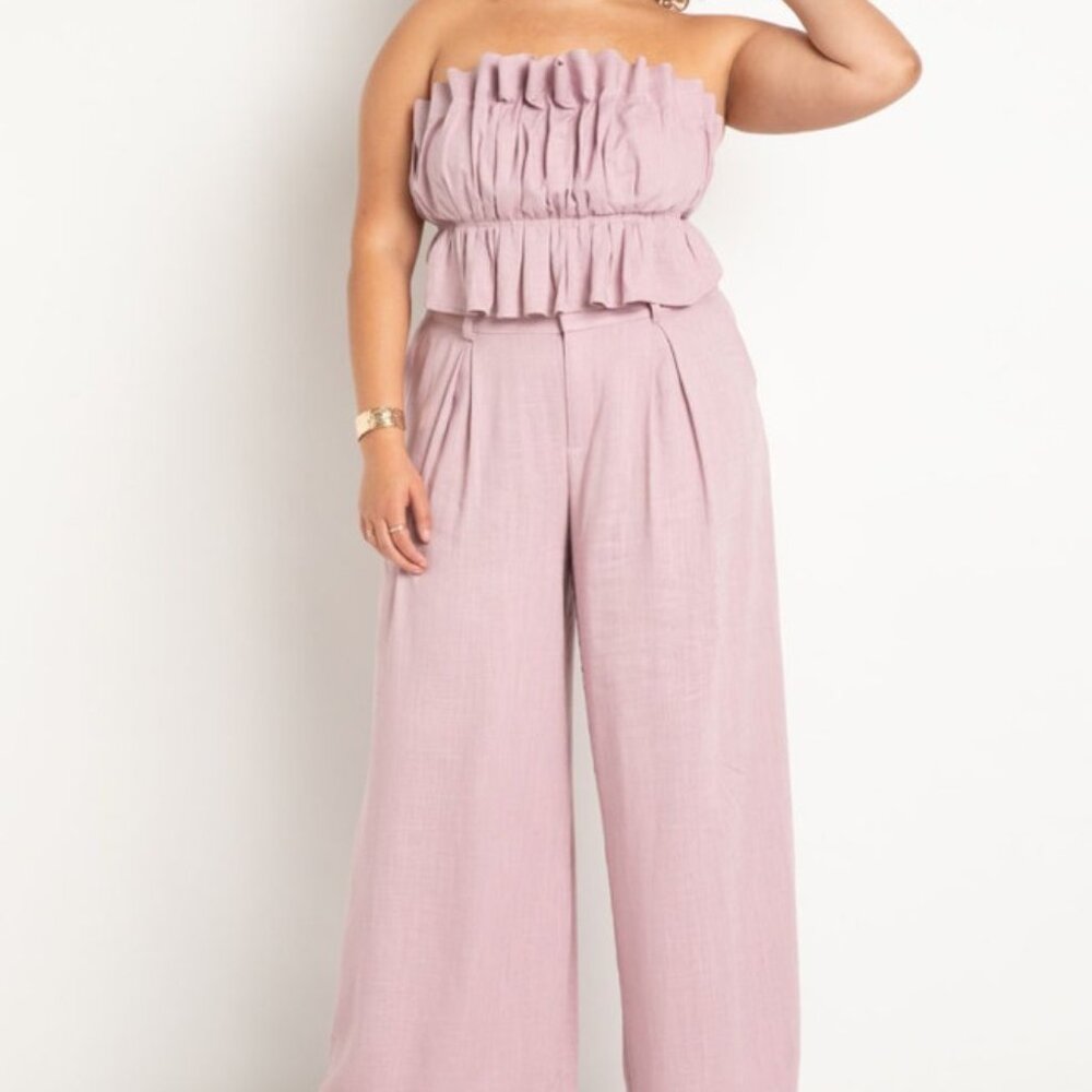 Ruffled Strapless Top With Matching Wide Leg Linen Pant Set
